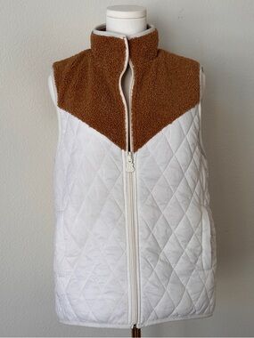 White Reversible Quilted Vest with Brown Sherpa Yoke - Women's Jacket